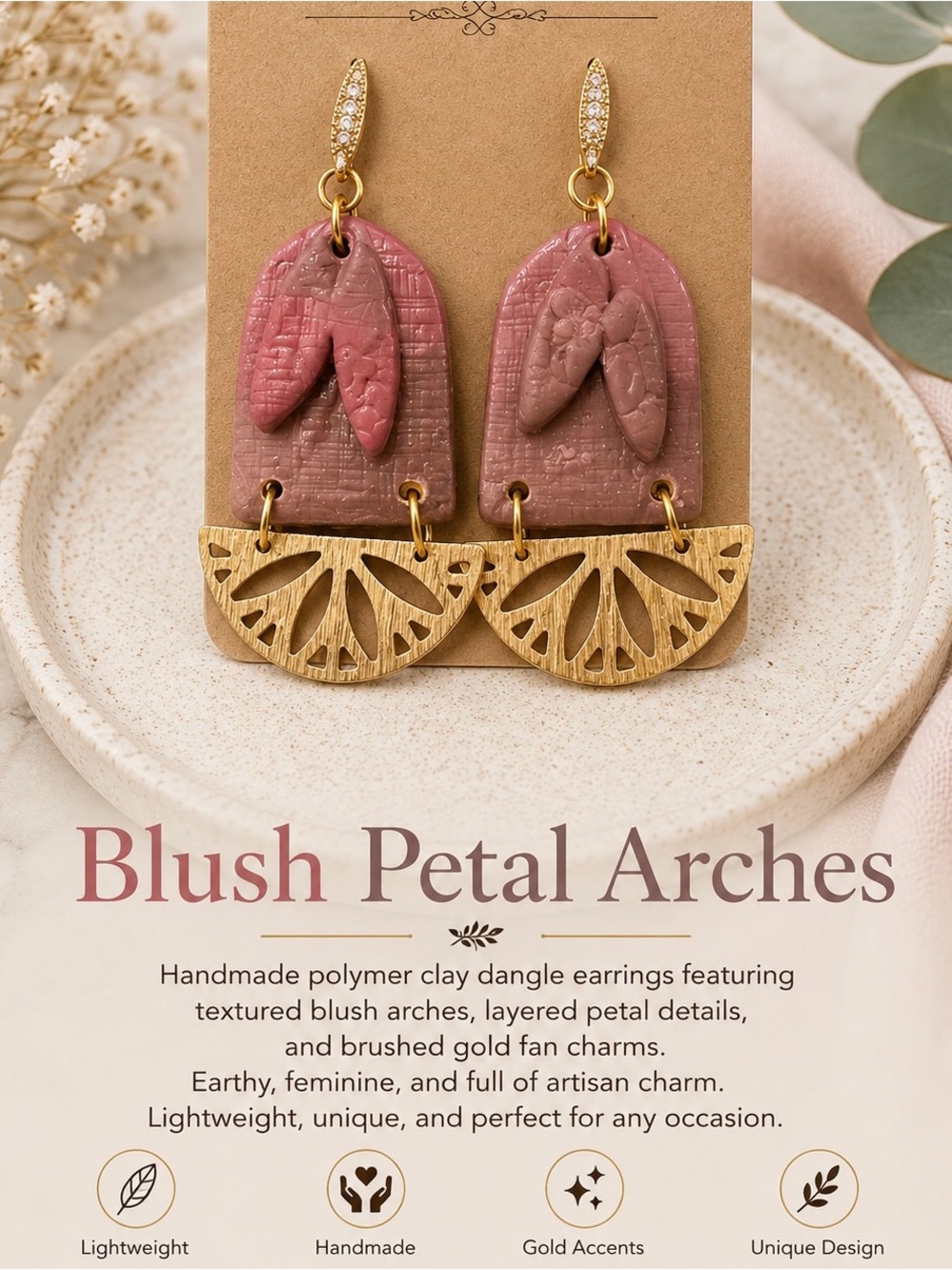 Treasure Trove Blush Petal Arch Earrings with Brushed Gold Fans